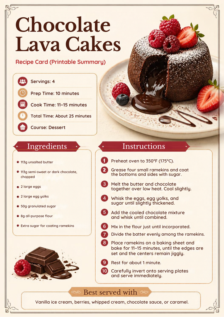Recipe card for chocolate lava cakes