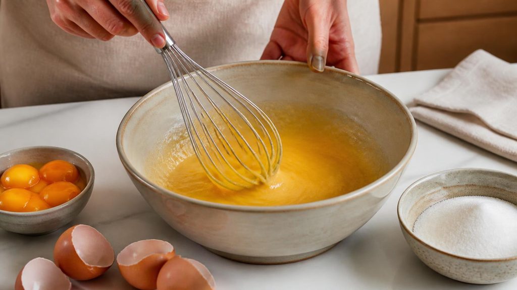 Whisk the Eggs, Yolks, and Sugar for making Chocolate lava cake