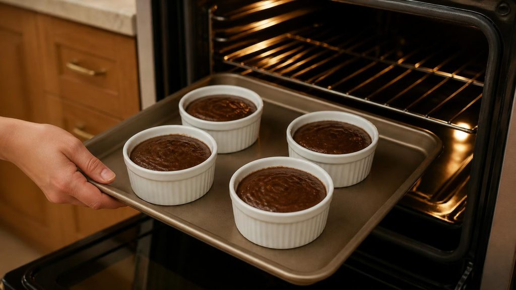 Fill the ramekins for making chocolate lava cake