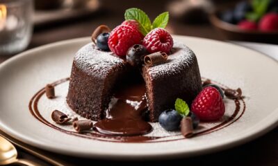 Chocolate lava cake with blue barriers and strawberry