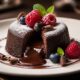 Chocolate lava cake with blue barriers and strawberry
