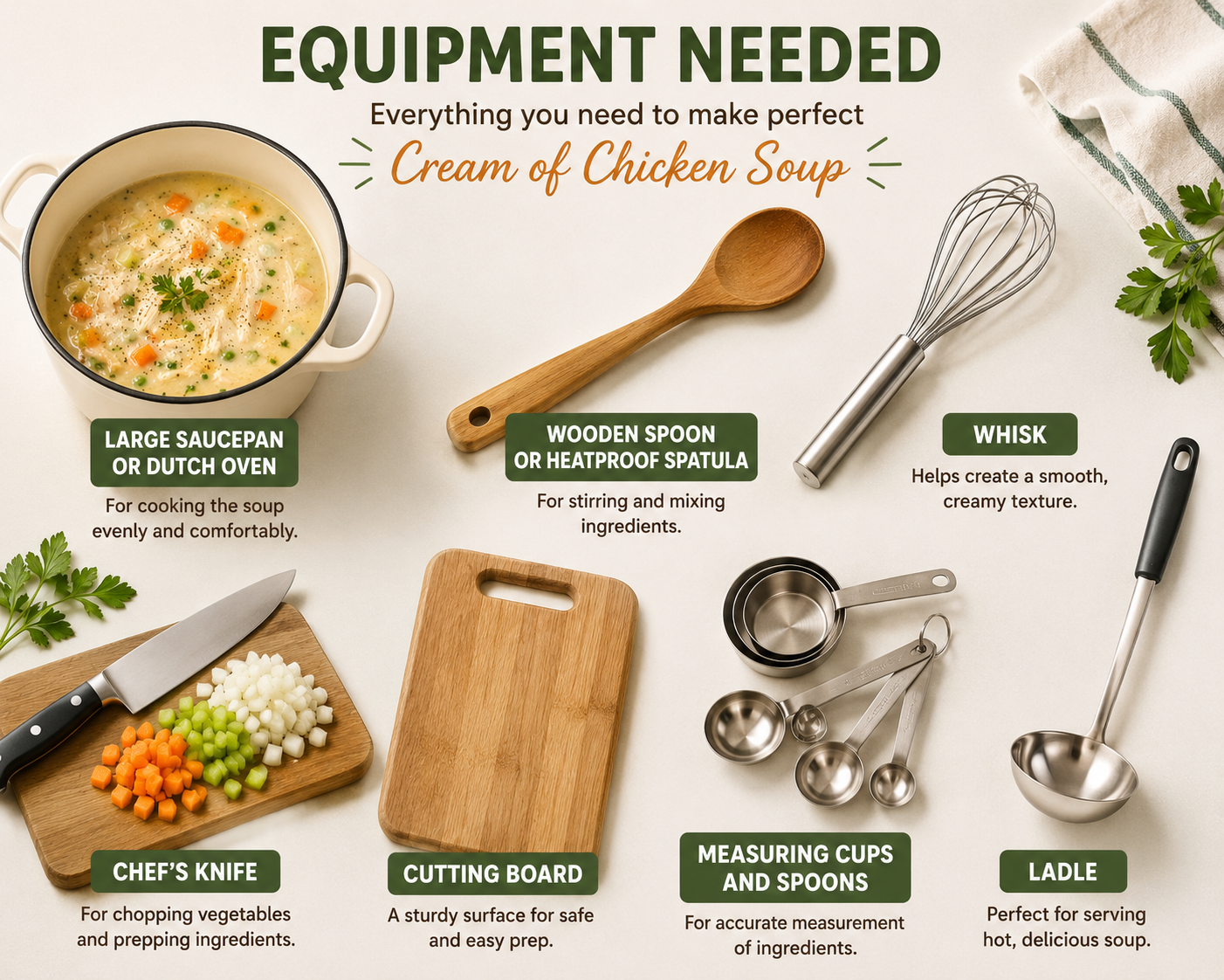 Equipment's needed for making homemade chicken soup