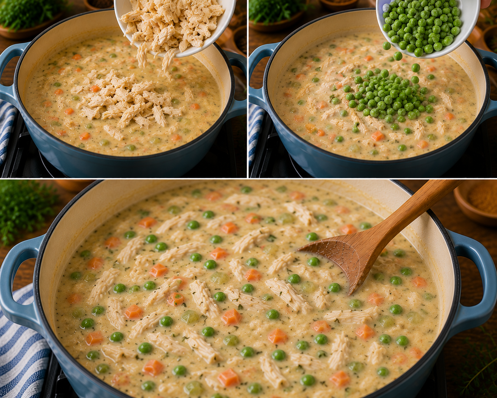Adding chicken and peas into the Homemade cream of chicken soup