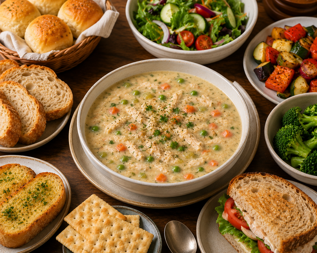 Homemade cream of chicken soup with bread, salad and bun