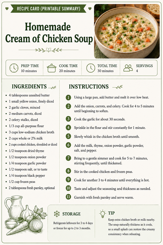 Homemade cream of chicken soup recipe card