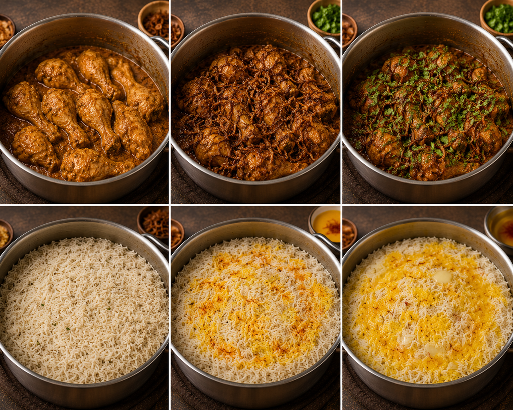 Build the layers for chicken biryani recipe