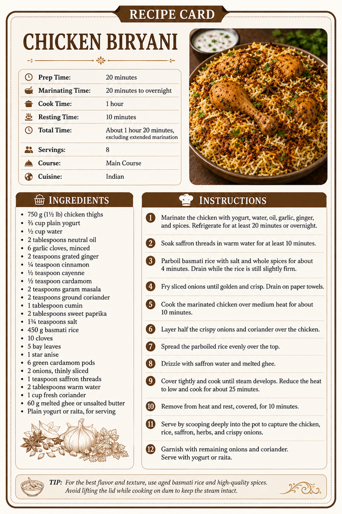Recipe card for chicken biryani recipe