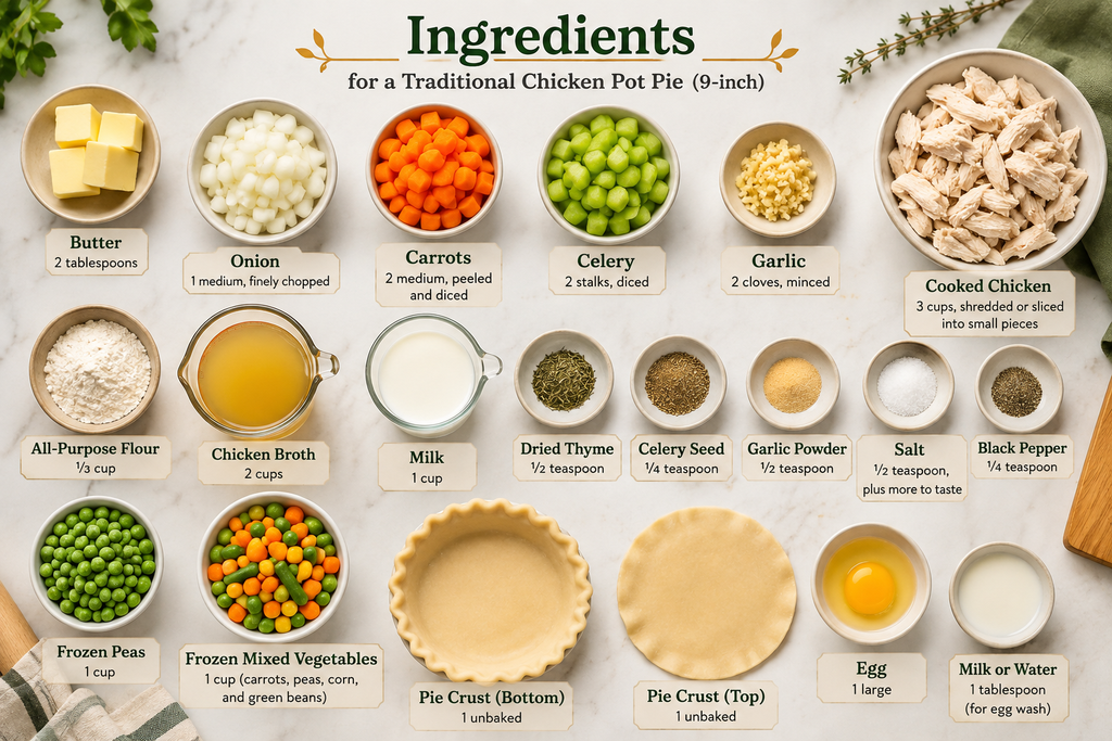 Ingredients of Easy Chicken Pot Pie recipe with creamy filling