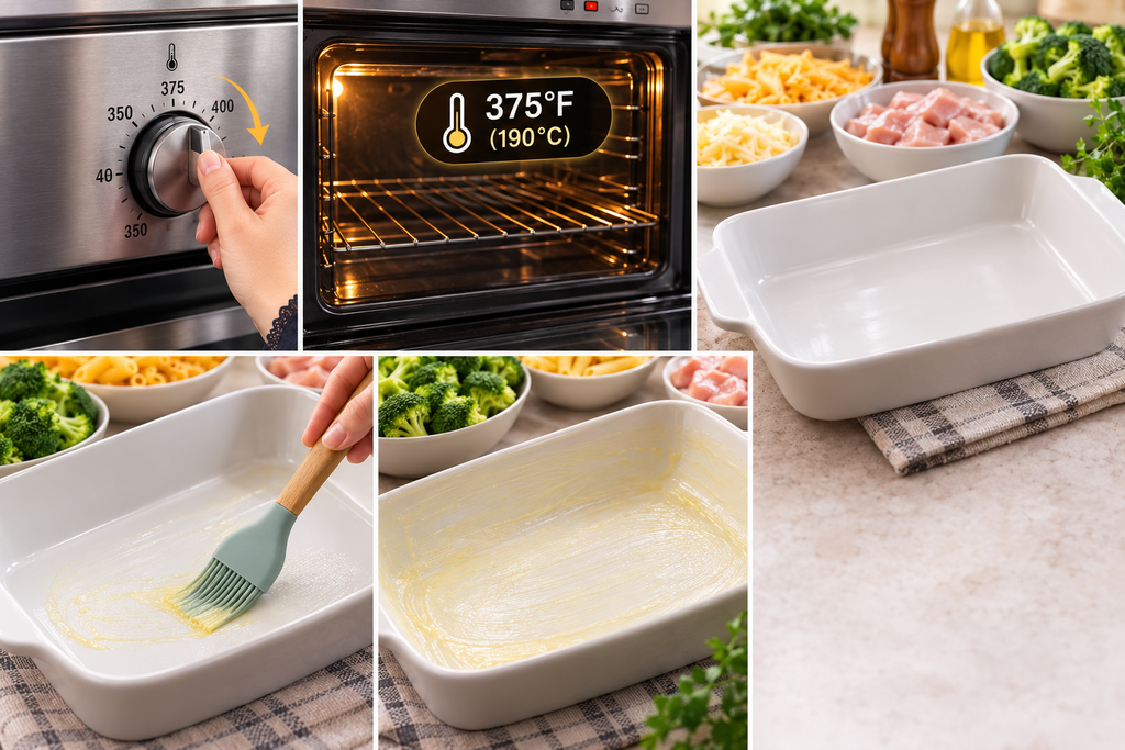 Preparing the oven and baking dish for Chicken Broccoli Pasta Bake