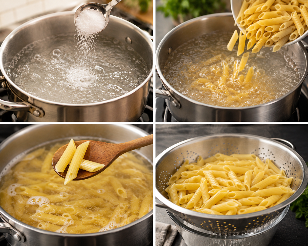 Pasta is cooked for Chicken Broccoli Pasta Bake