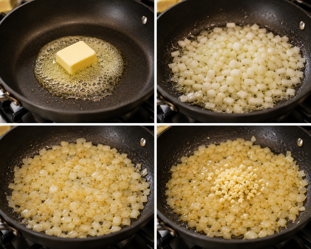 Cook the Onion and Garlic for Chicken Broccoli Pasta Bake