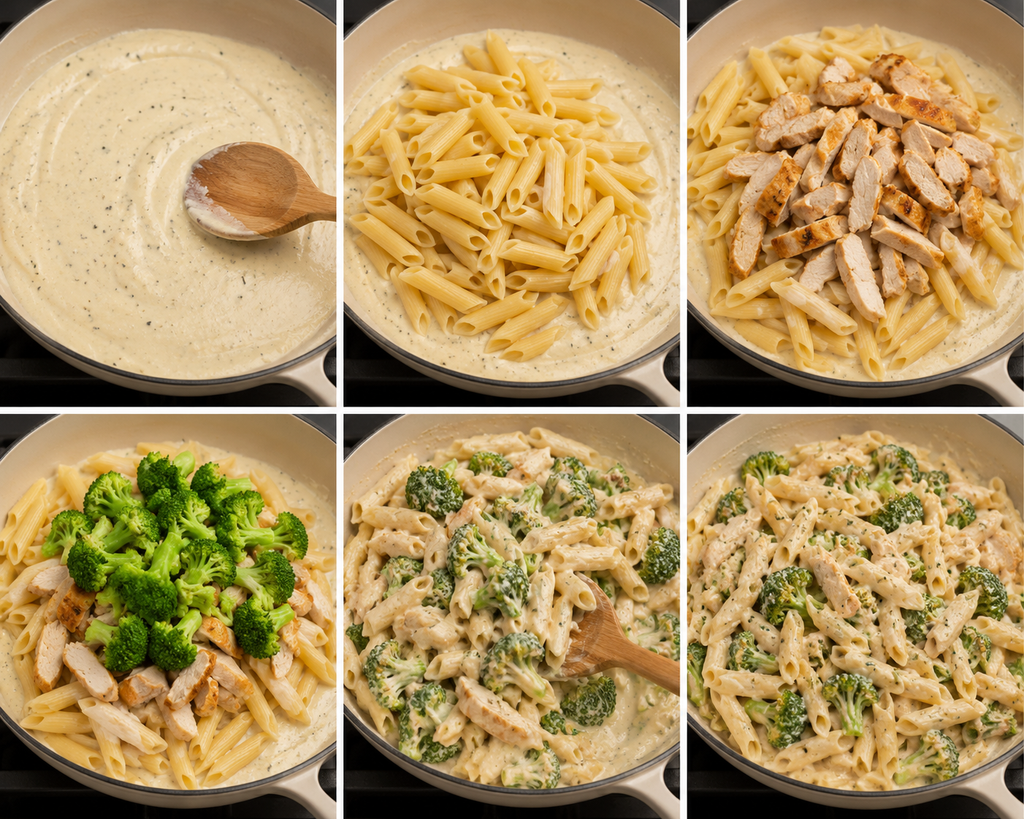 Filling the pan for chicken broccoli bake pasta