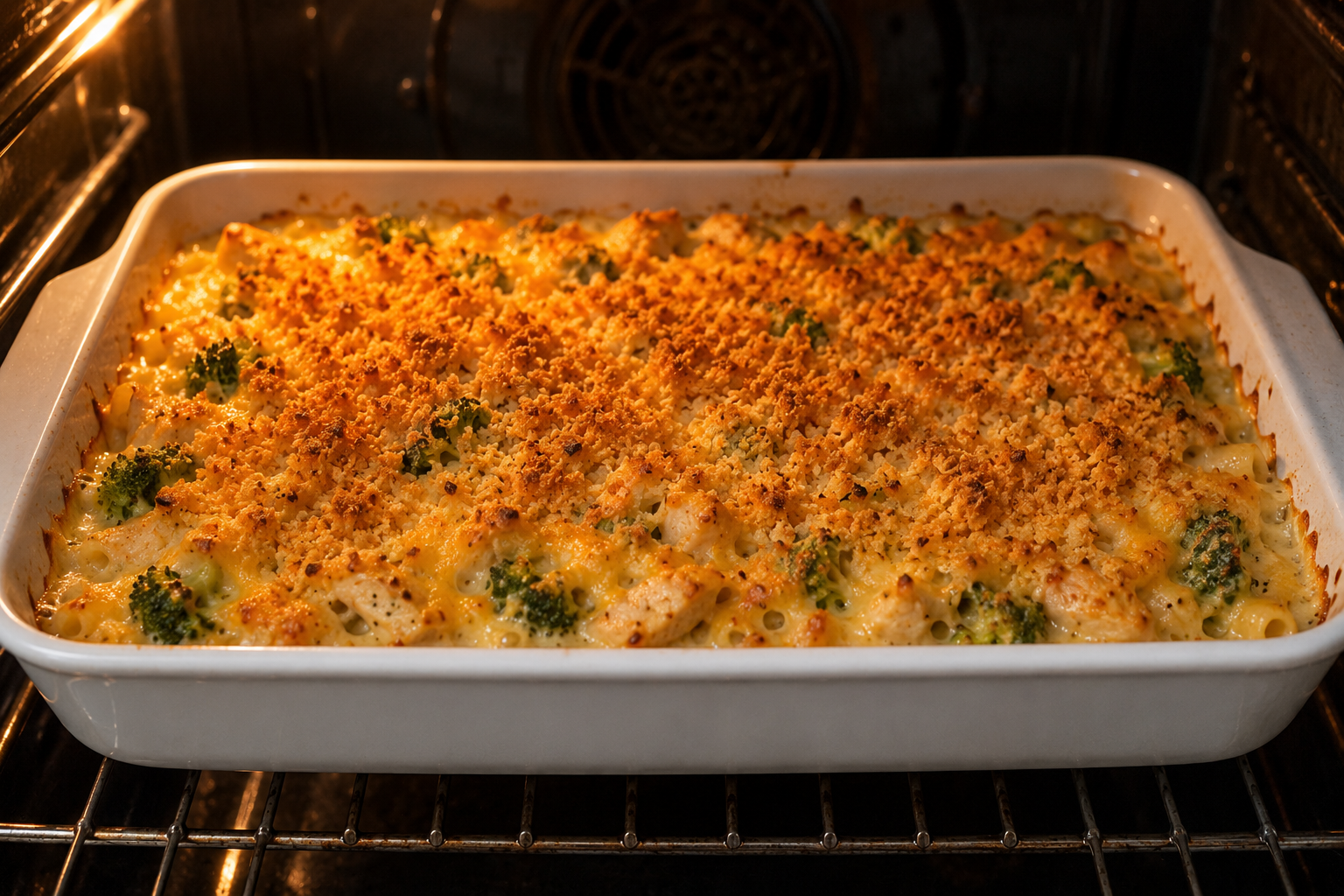 Golden and Bubbly chicken broccoli pasta bake 