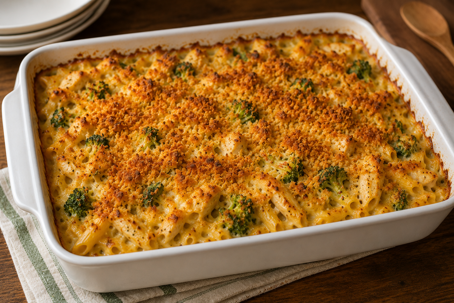Serving Chicken broccoli pasta bake look