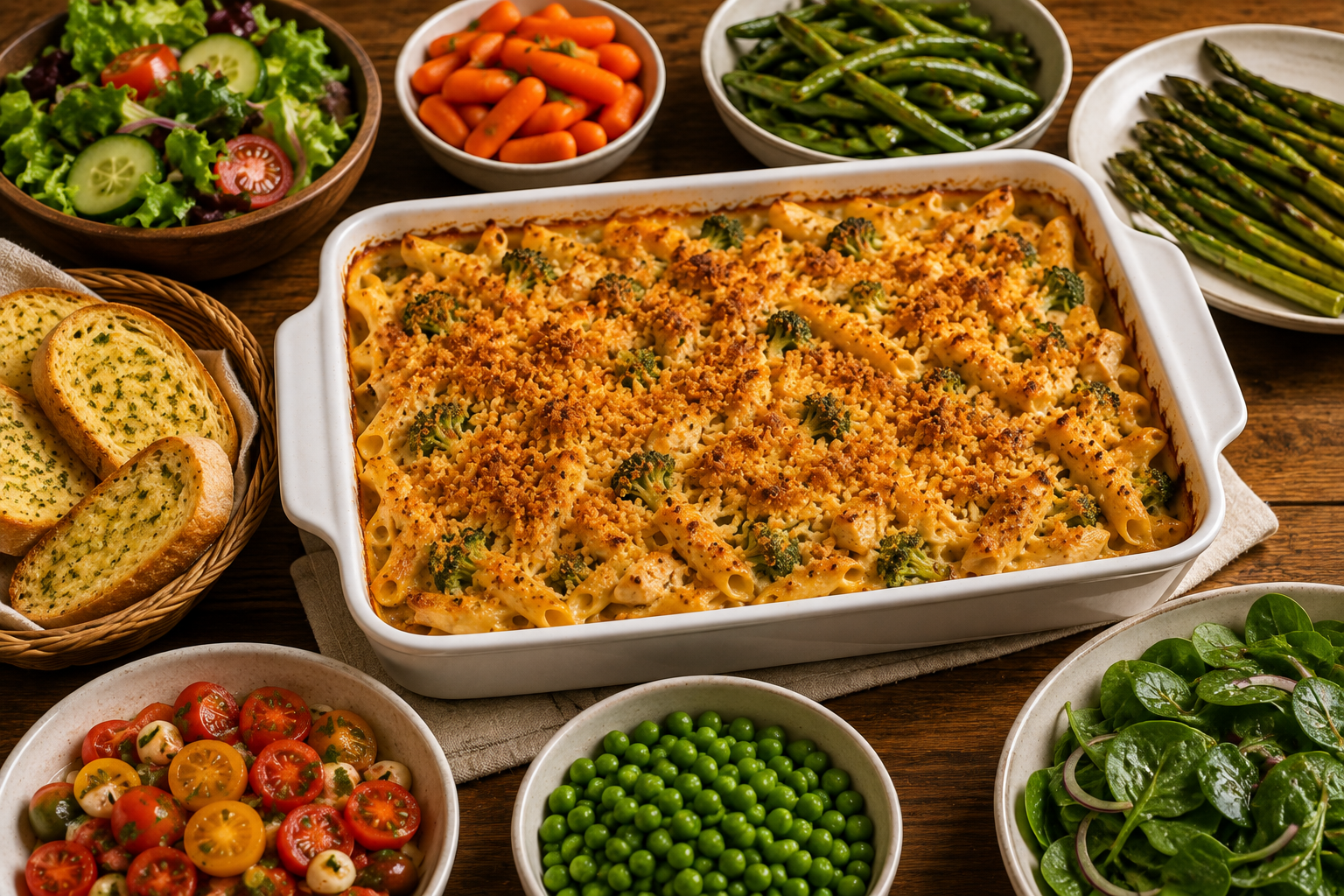 Chicken broccoli bake pasta with bread, tomato pea and salad 
