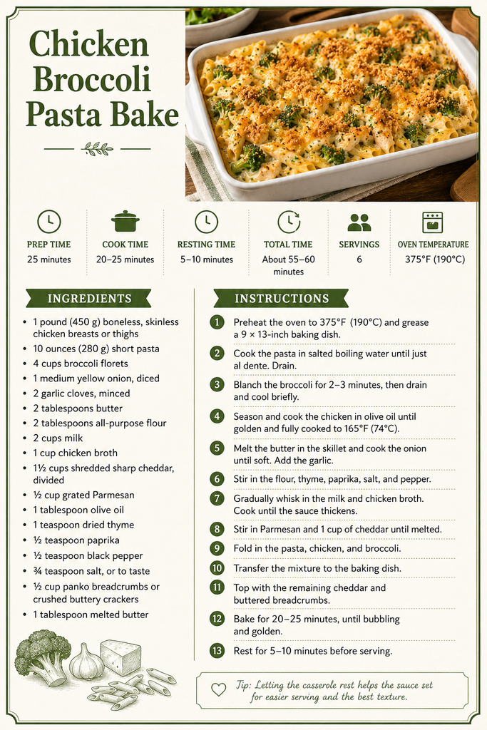 Recipe card for Chicken broccoli pasta bake