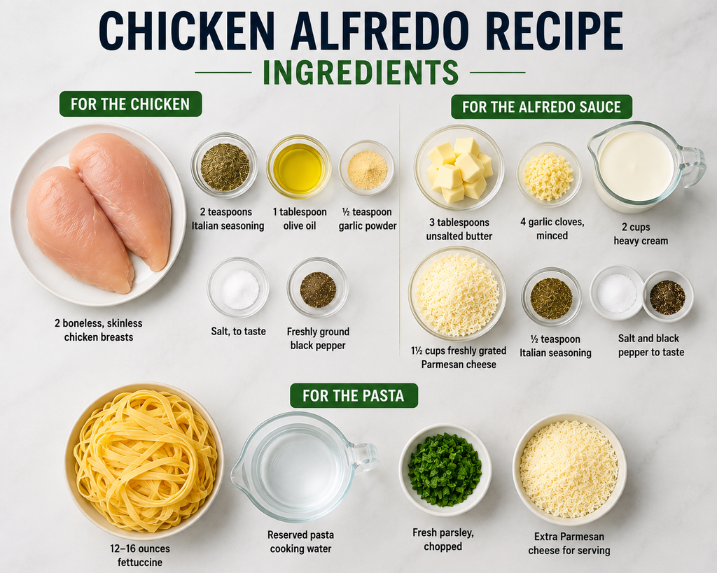 Ingredients for chicken alfredo recipe creamy