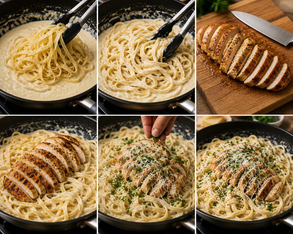 Mix all ingredients of Alfredo chicken pasta