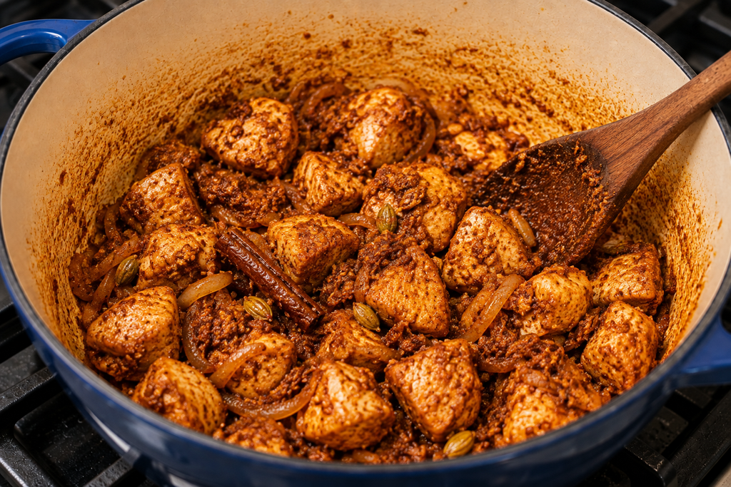 Add spices in the chicken for making chicken curry recipe