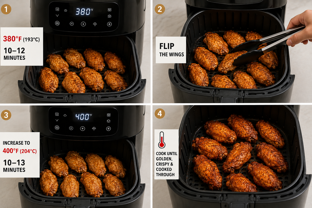 Air fryer use Two-Step Temperature Method making chicken wings