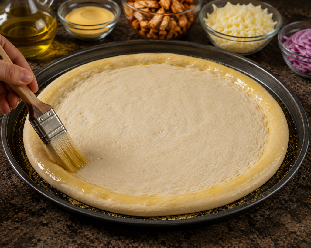 Brush with Olive Oil for Homemade BBQ Chicken Pizza