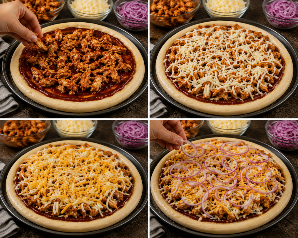 Add the Toppings for Homemade  BBQ Chicken Pizza