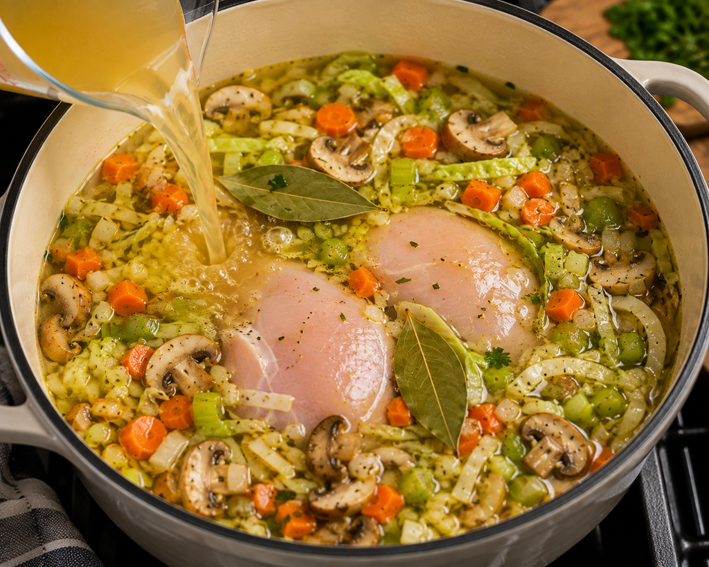 Add the Chicken and Broth
