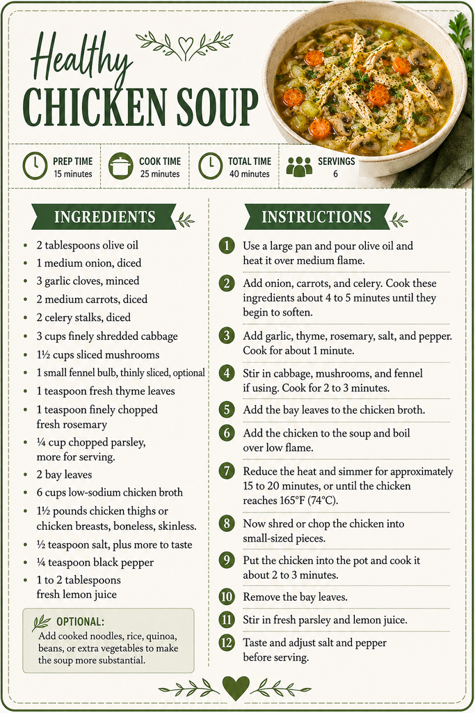 Recipe card for healthy chicken soup with vegetables 