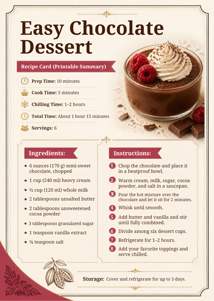 Recipe card for Chocolate dessert
