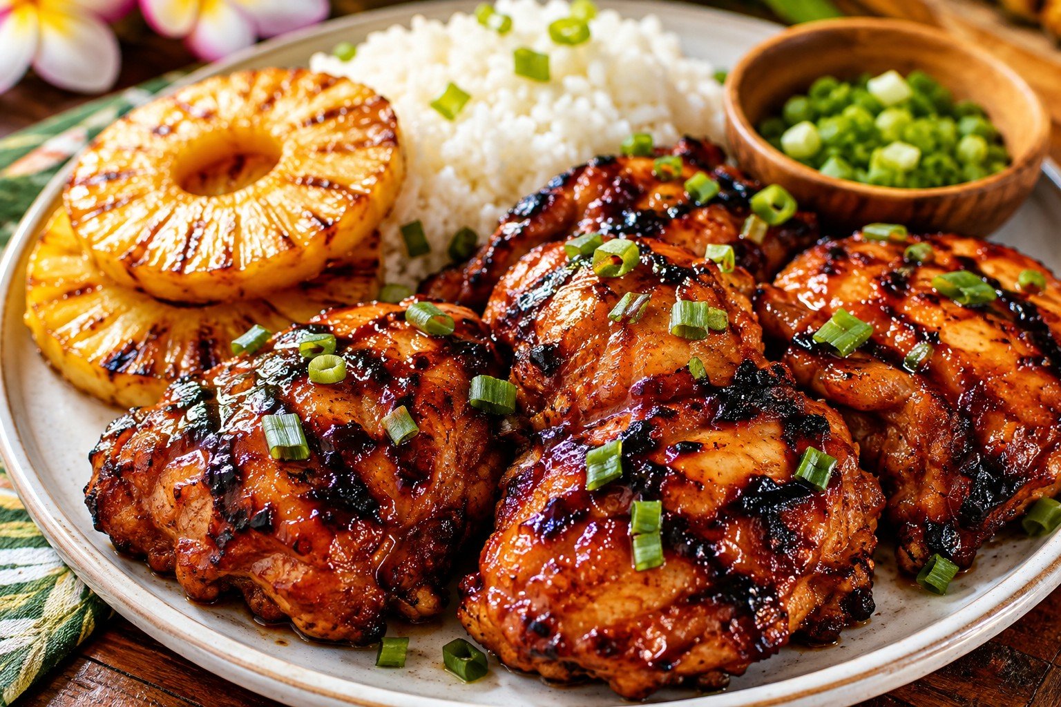 Huli Huli chicken with pineapple and boiled rice