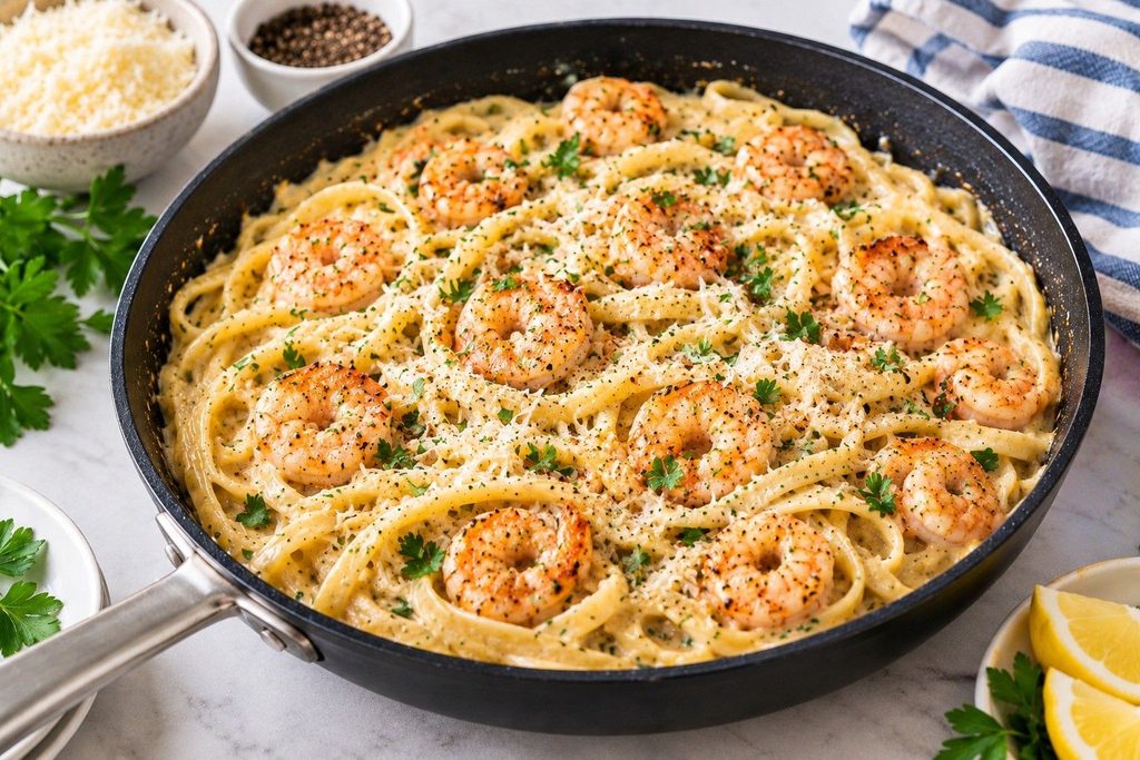 Serve and Enjoy the creamy shrimp Pasta