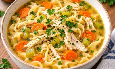 A bowl fill of Chicken noodles soup