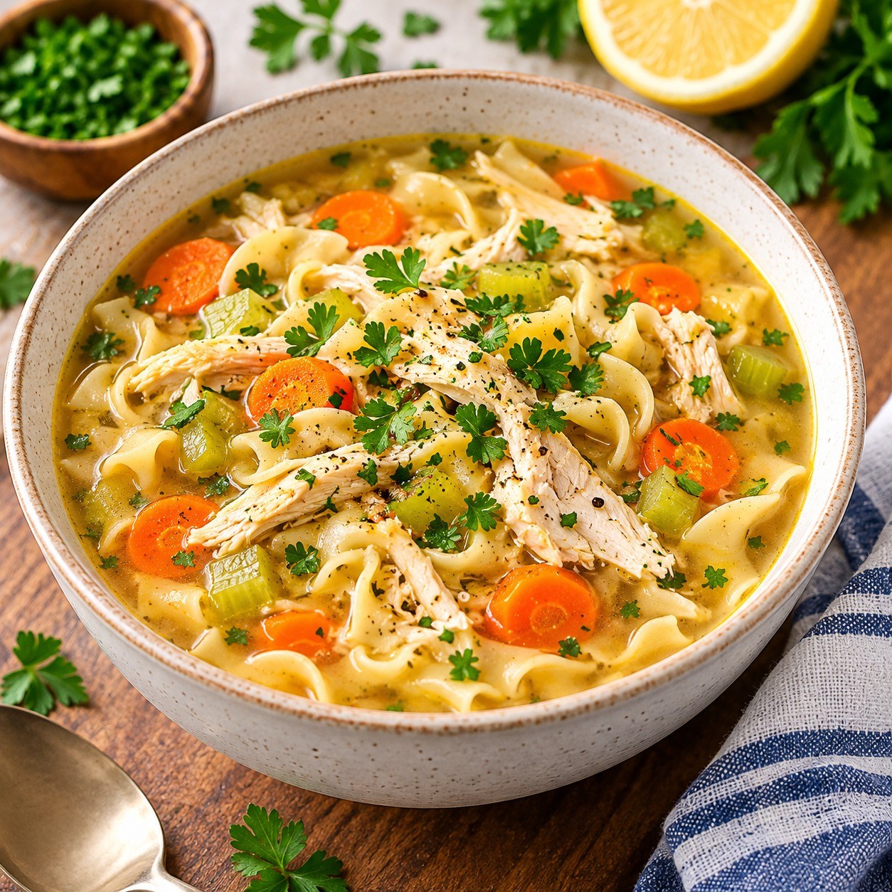 A bowl fill of Chicken noodles soup