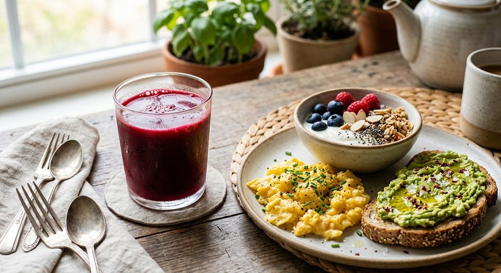 Serving the beet juice with scrambled egg whole grain toast and nut butter
