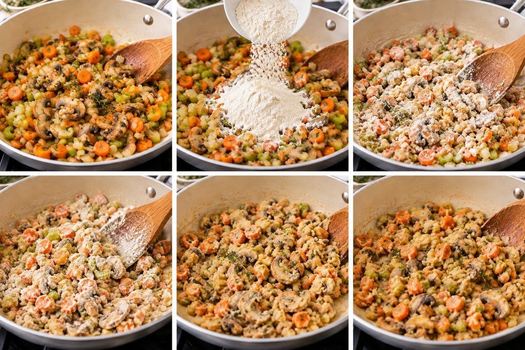 Sauté the Vegetables and add Flour for making chicken pot pie soup