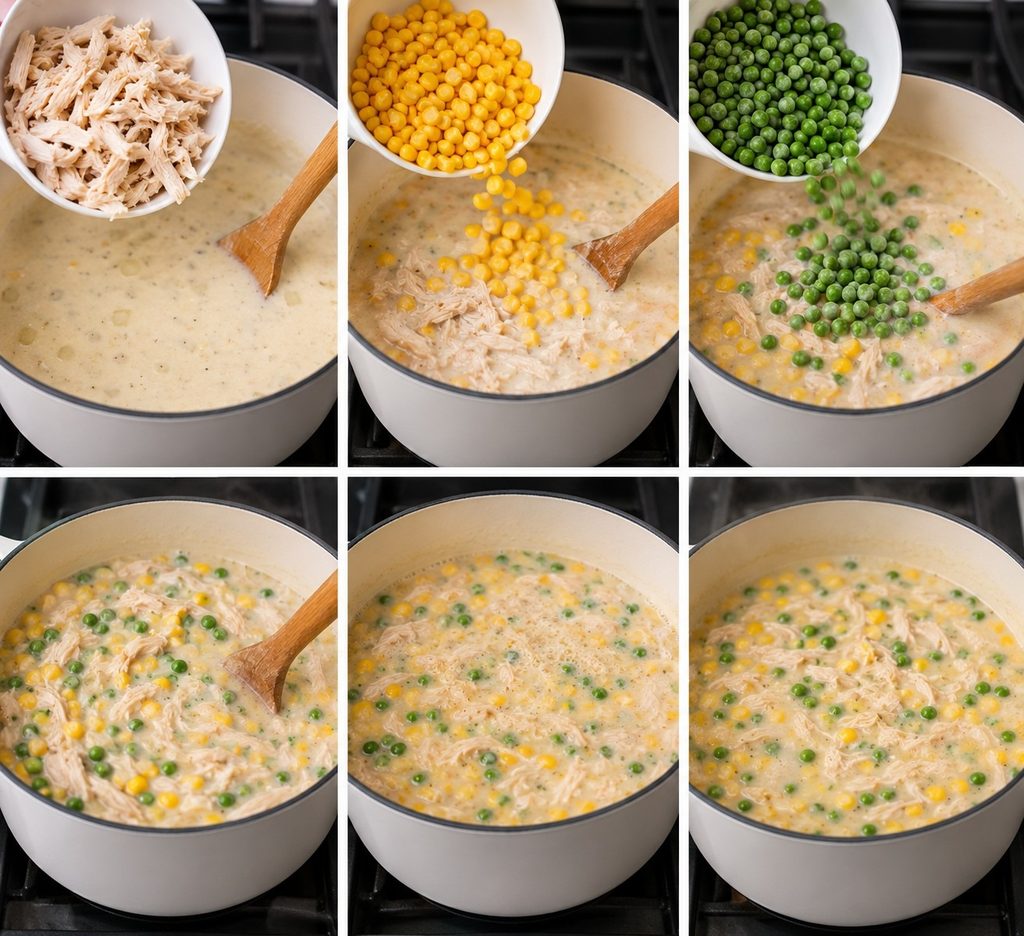 Add Chicken and veggies for chicken pot pie soup