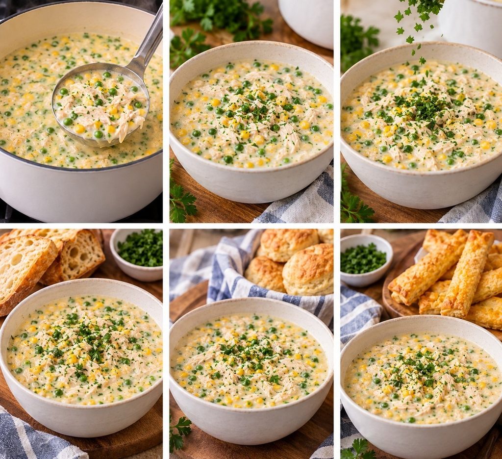 Serve chicken pot pie soup in winter season