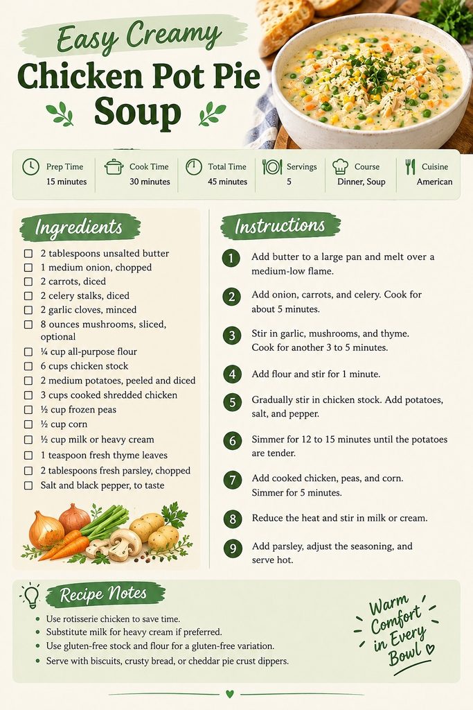 Easy creamy chicken pot pie soup recipe card