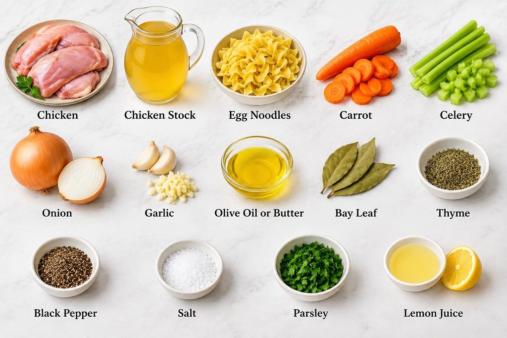 Ingredients for Homemade Chicken Noodles Soup