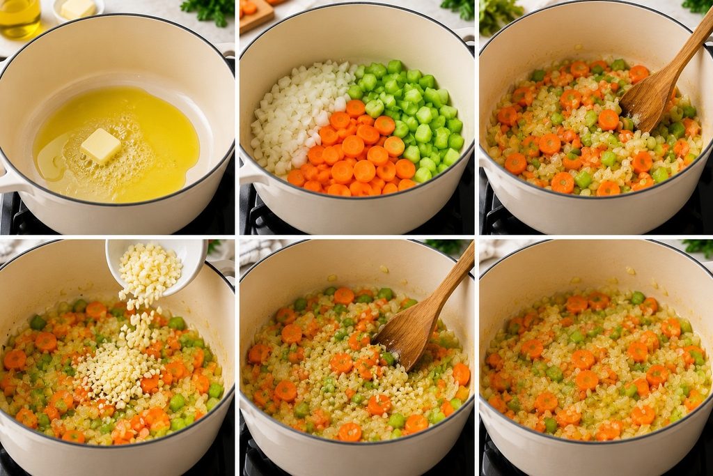 Cook vegetables for easy chicken noodles soup