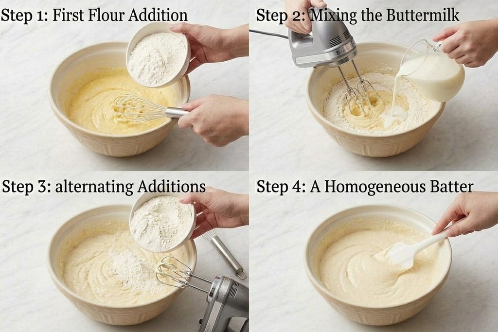 Mix flour and buttermilk for making best vanilla cake