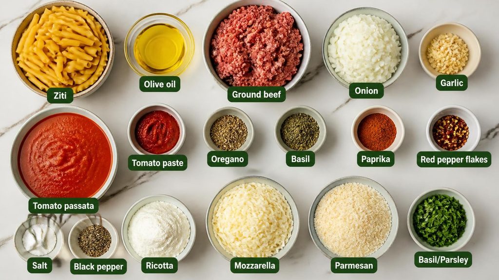 Ingredients for Homemade Baked Ziti Recipe
