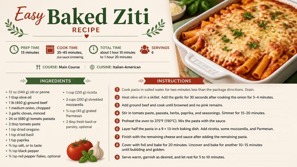 Baked ziti recipe card