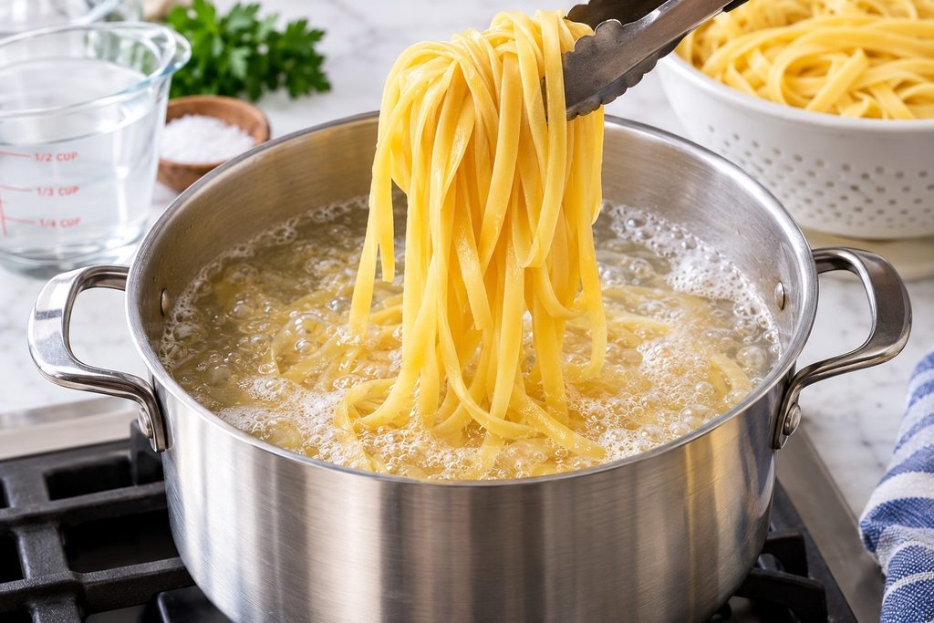 Cook the Pasta for making creamy shrimp pasta